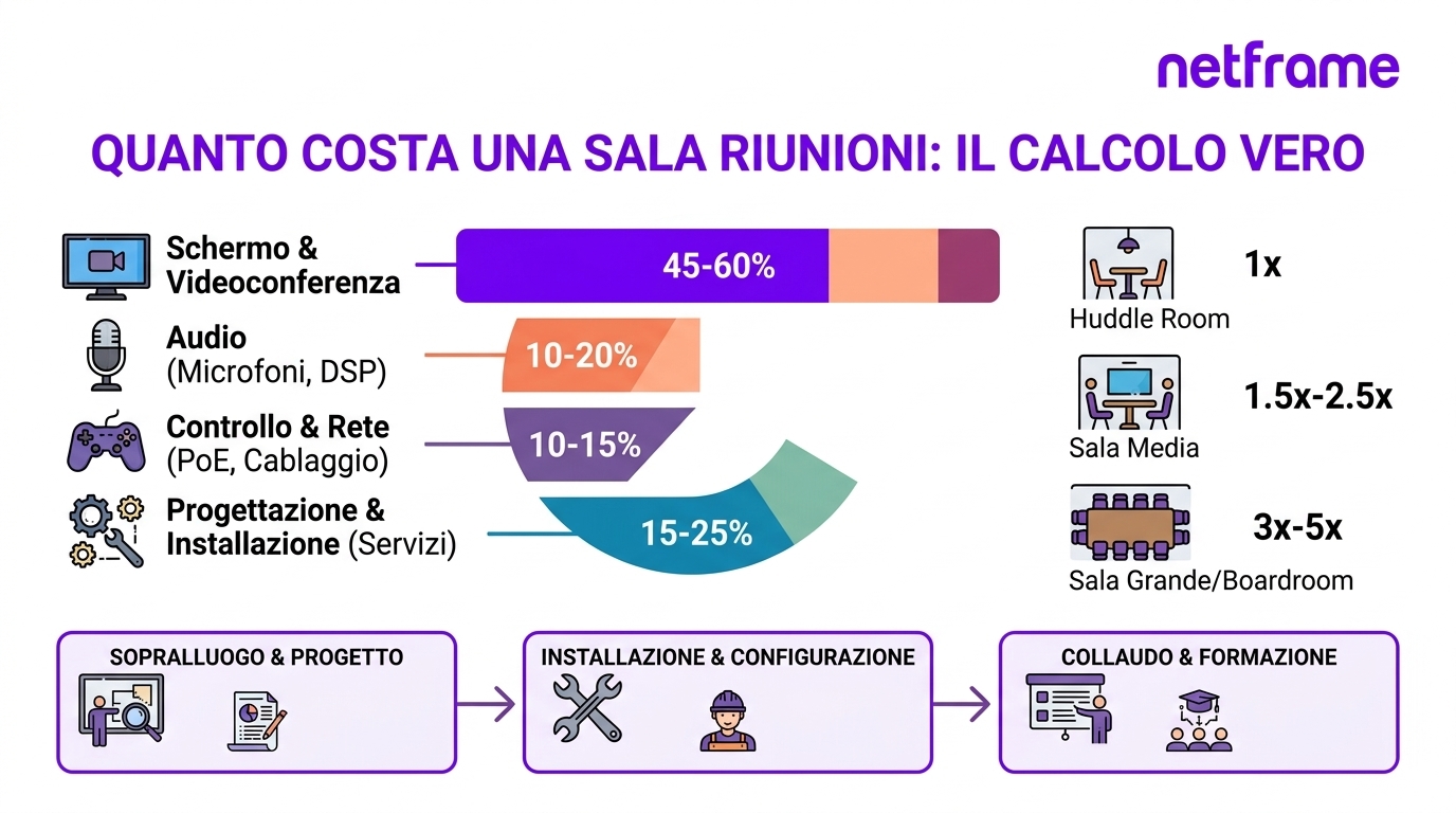 Sala riunioni aziendale per otto persone con display a parete, barra per videoconferenza, microfoni a soffitto e controller sul tavolo