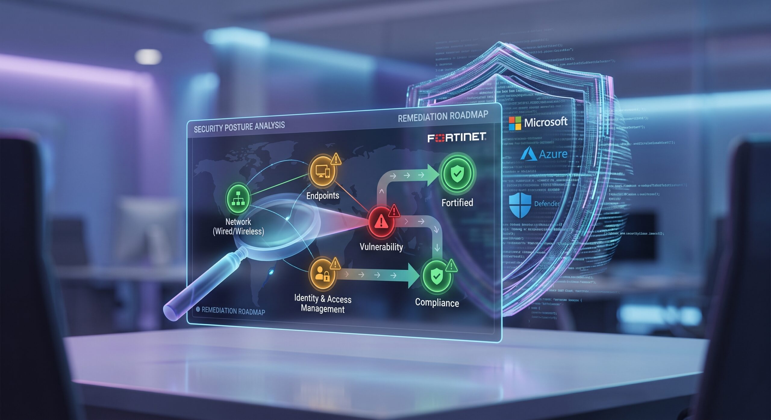 Schema olografico di un security assessment IT su un tavolo riunioni: rete wired e wireless, endpoint, identity e access management, vulnerabilità individuate, remediation e compliance