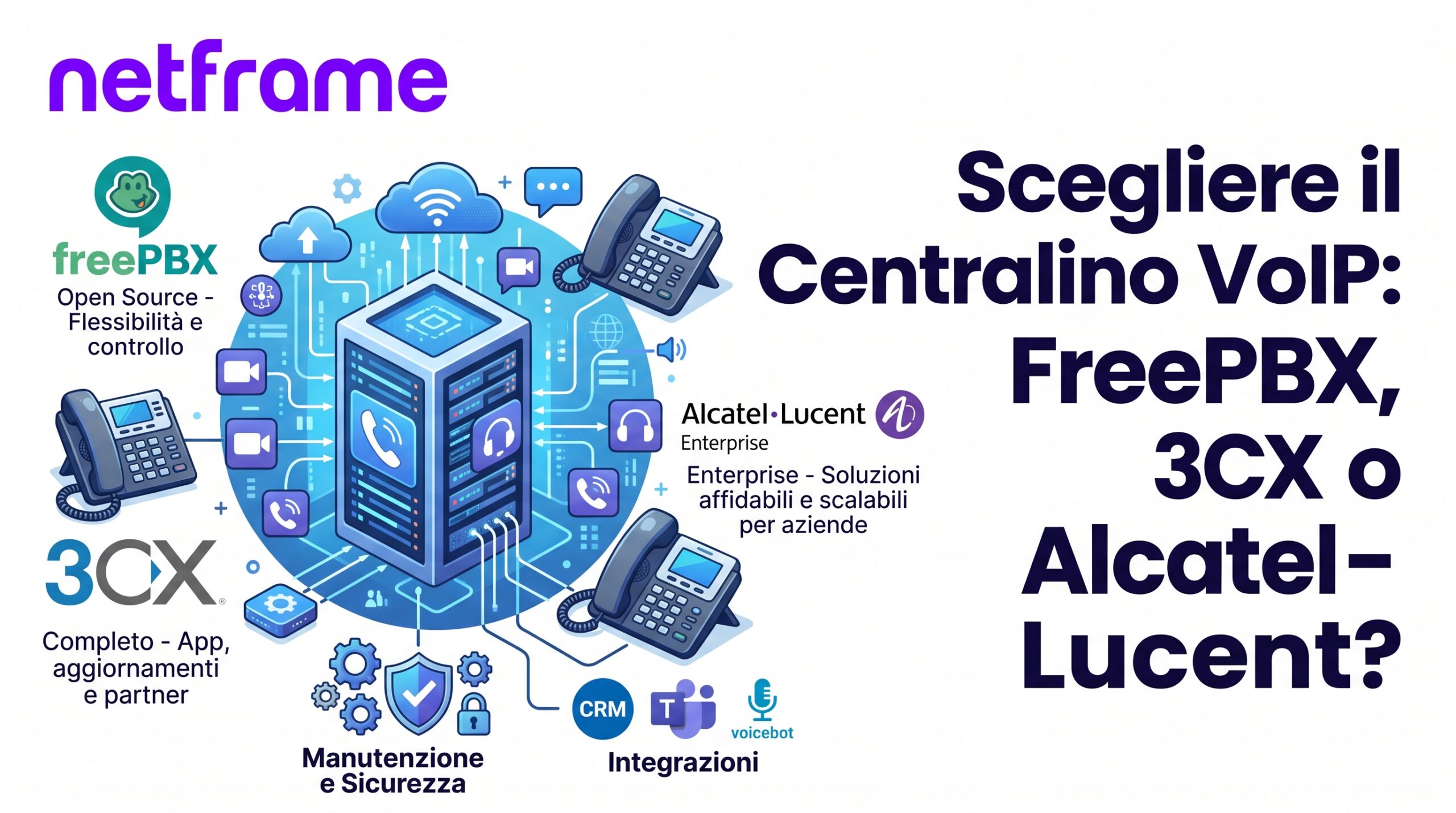 Server di un centralino VoIP in un piccolo armadio di rete, accanto a due telefoni IP e a uno smartphone con l'app del centralino