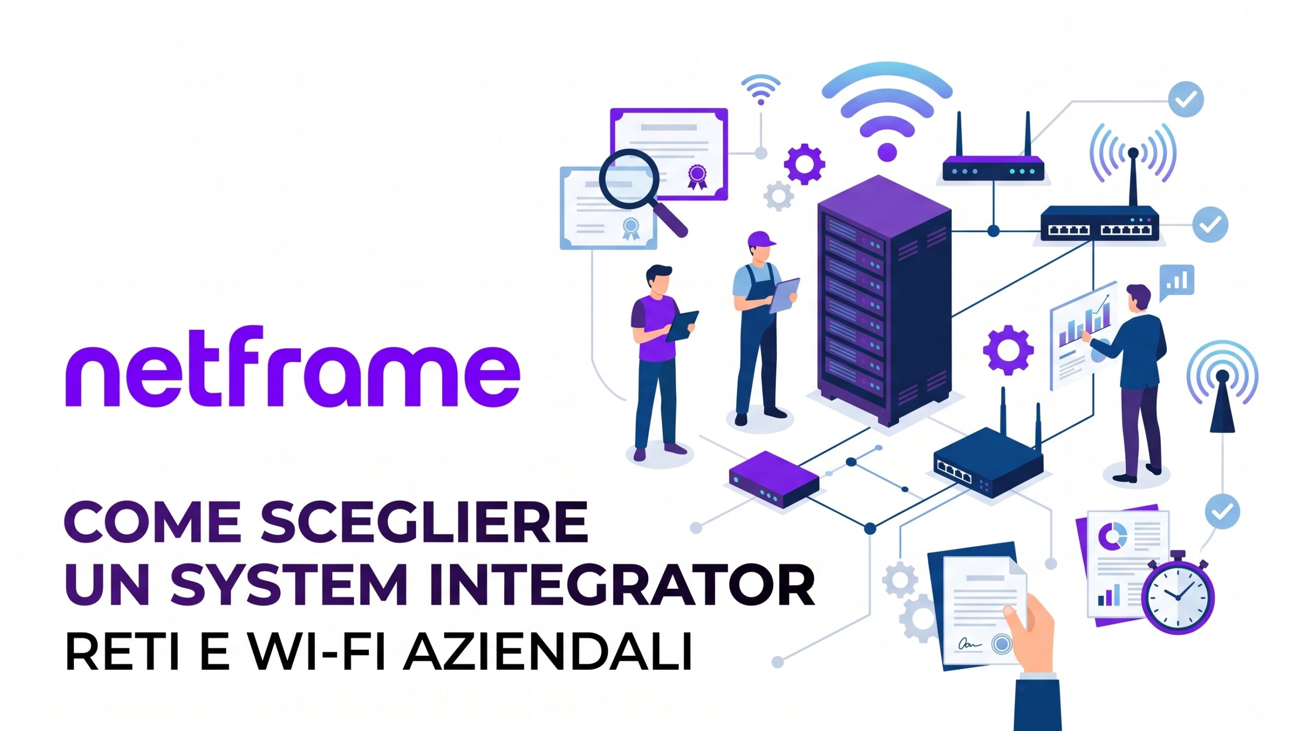 Tecnico di rete e titolare d’azienda esaminano insieme lo schema della rete e il progetto, con un armadio rack sullo sfondo