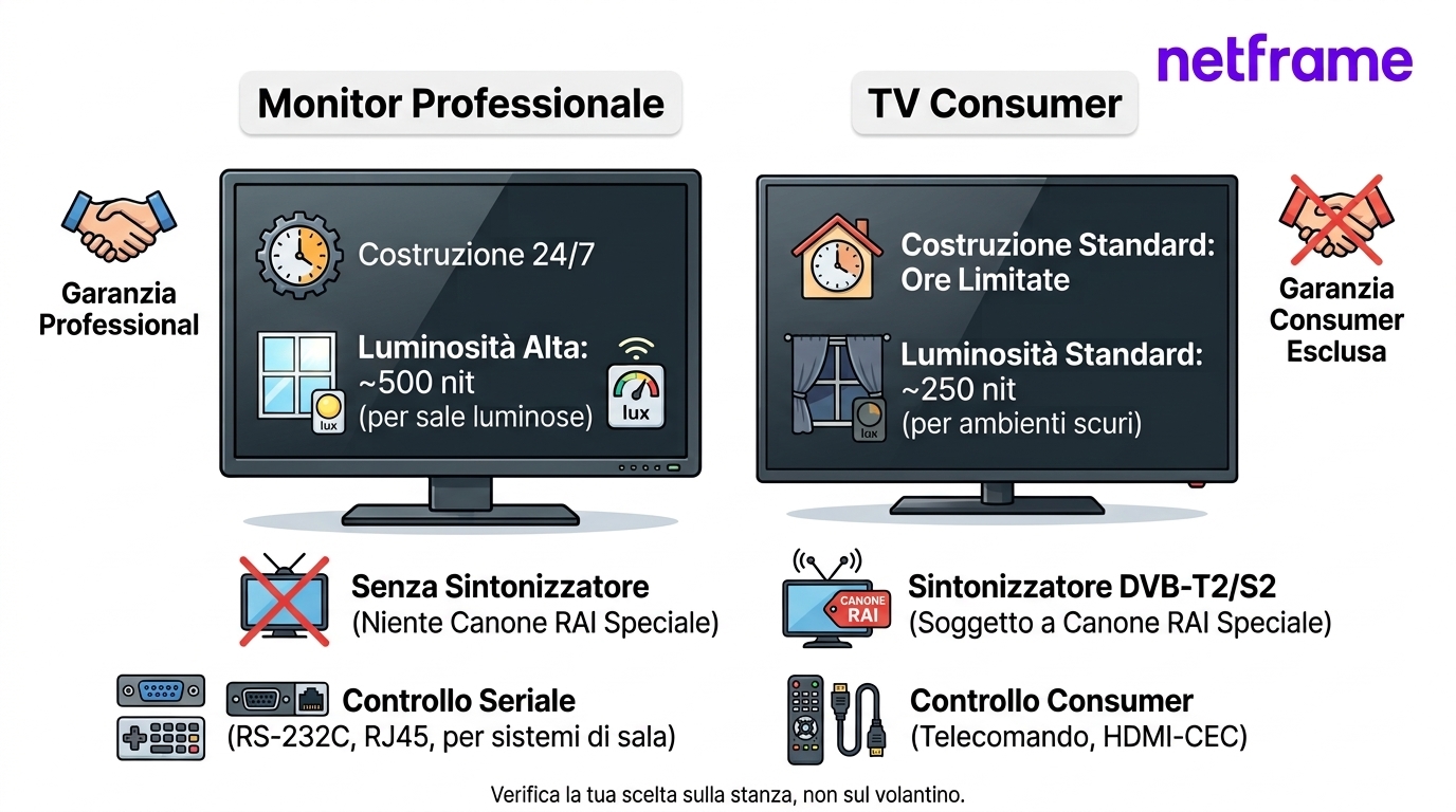 Display professionale opaco e televisore lucido affiancati sulla parete di una sala riunioni con finestra, tecnico con luxmetro