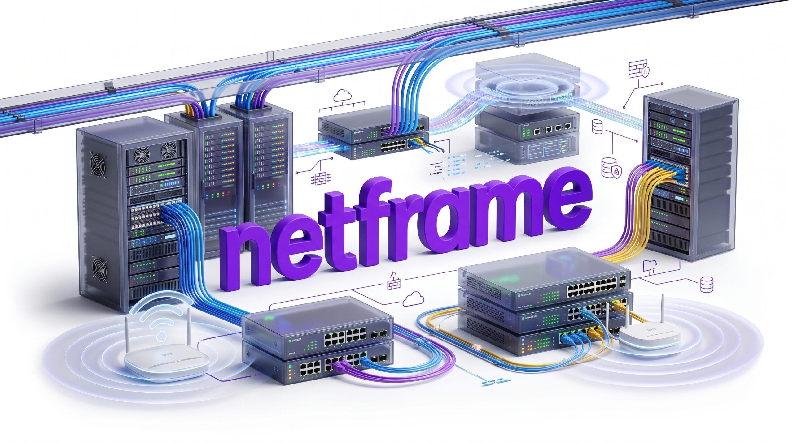 Armadio di rete aziendale con firewall, due switch centrali collegati in fibra, switch di accesso con cavi etichettati e gruppo di continuità