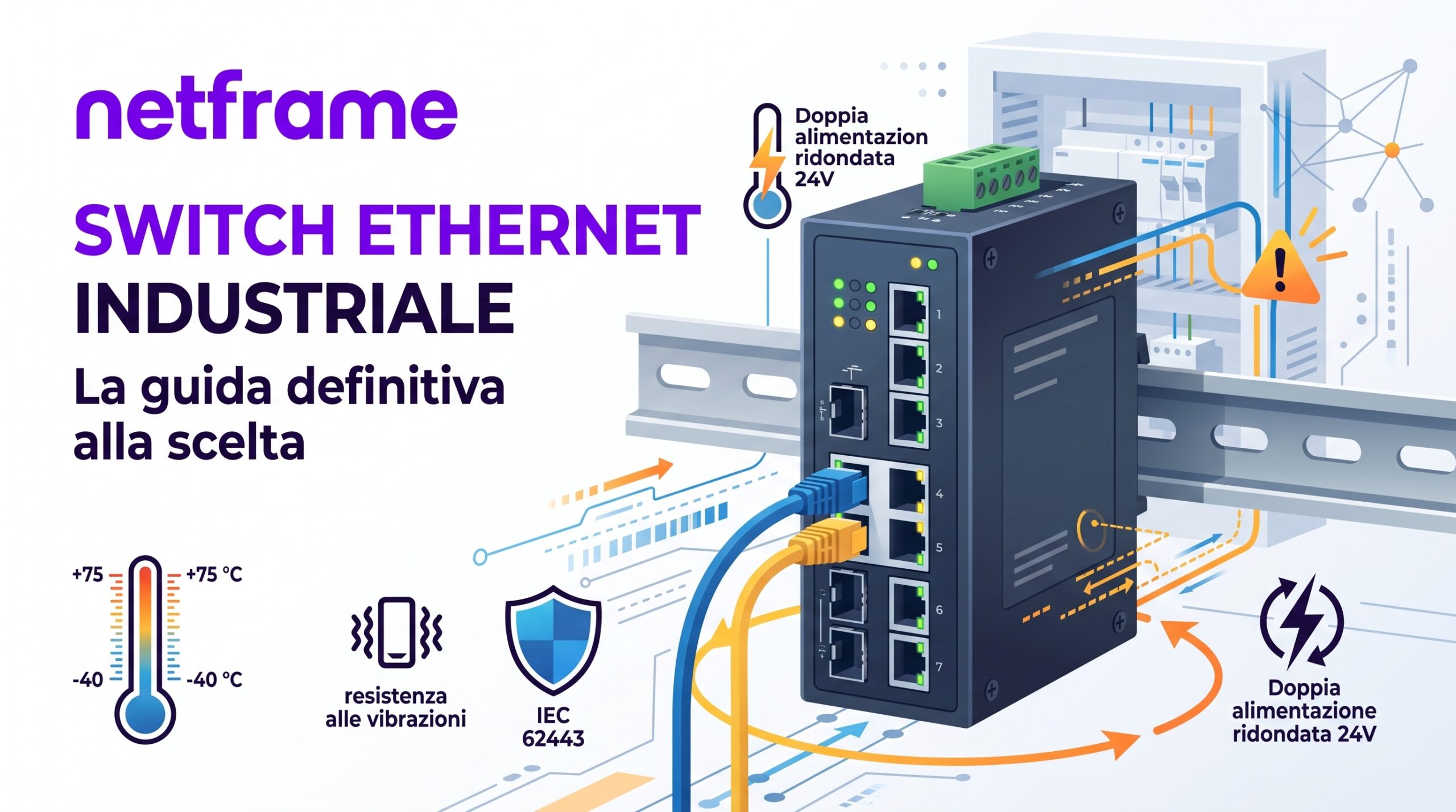 Switch Ethernet industriale senza ventole montato su barra DIN in un quadro elettrico, con due alimentazioni a 24 volt, fibre e cavi di rete etichettati accanto ai moduli PLC