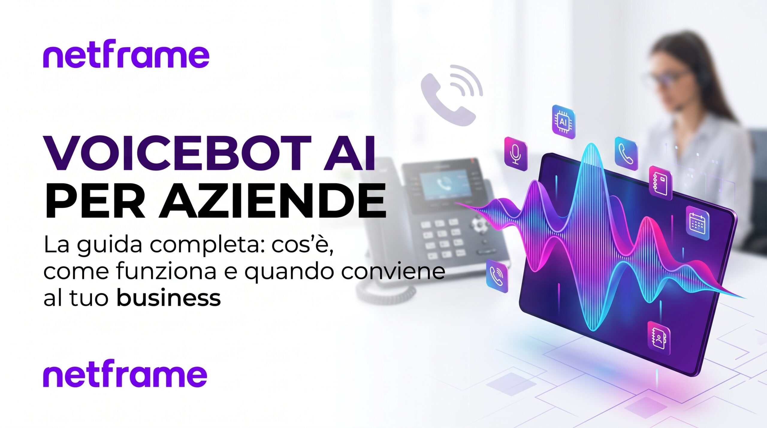 Reception aziendale con telefono che squilla e, sul monitor, la forma d’onda di una chiamata gestita da un voicebot